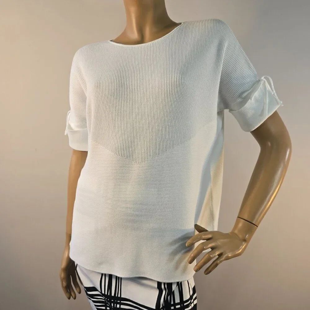 REPEAT White Ribbed Knit Top Size 42/L Short Sleeve With Tie At Cuffs